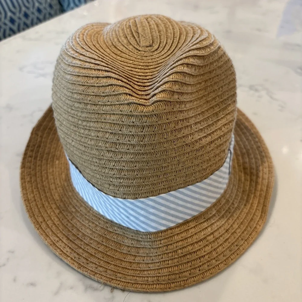 Tommy‎ Bahama Kids Straw Fedora Hat Seersucker Striped Band Vacation Summer NWT